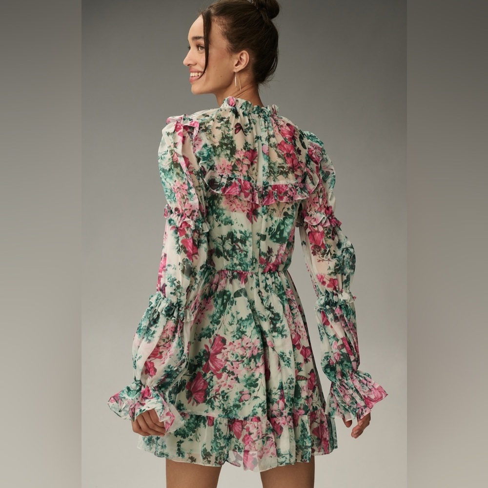 Anthropologie  Romantic Mac Duggal Floral Mini Dress - Pink and Green - Picture 2 of 7
